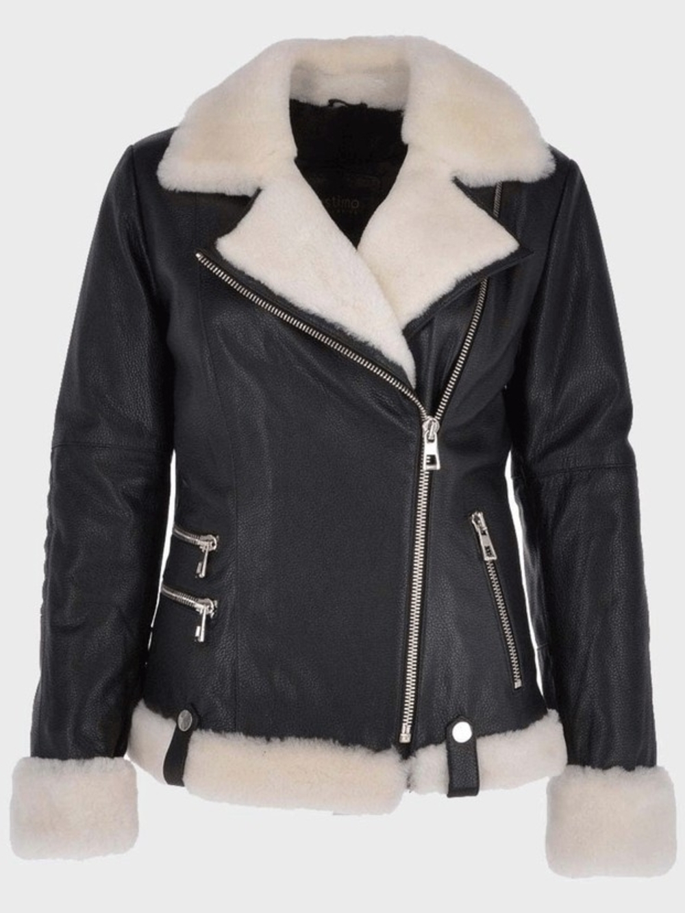 Black Leather (Sheepskin) Moto Jacket with Cream Shearling Trim